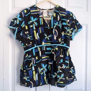 SB Scrubs Womens Size Medium Navy Blue Teal  Butterflies Patterned Scrub Top